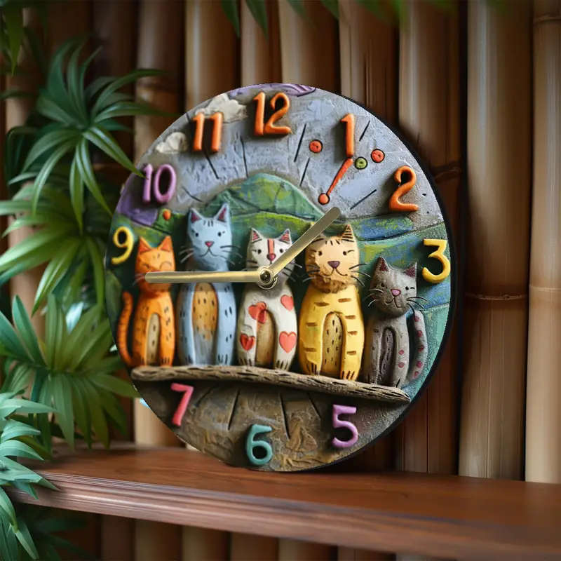 1pc 2D Flat Style Quartz Wall Clock Featuring Adorable Cats  Perfect for Autumn Decor 20.32cm