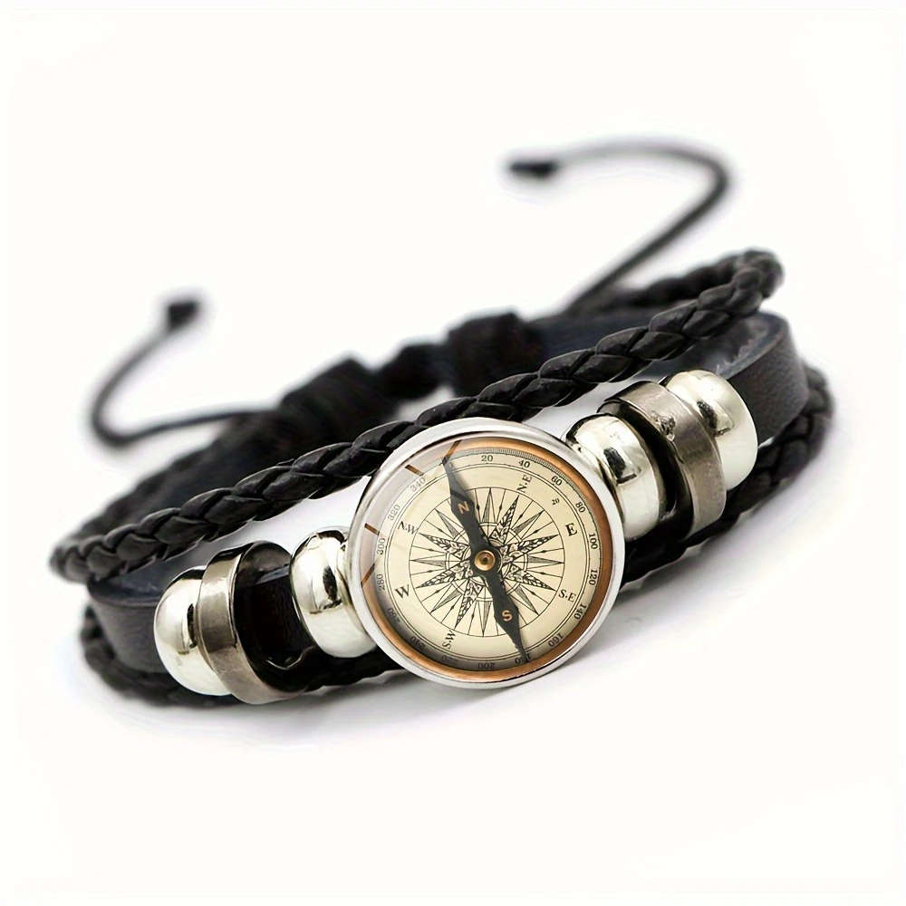 1pc Retro Style Compass Pattern Multi-Layer Artificial Crystal Beaded Faux Leather Men's Adjustable