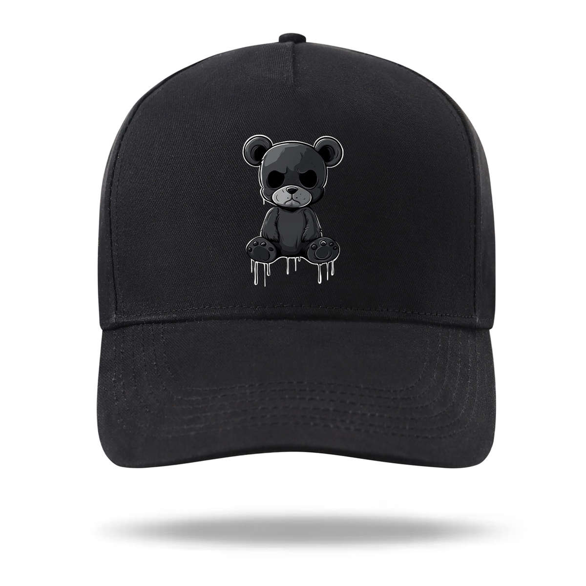 Fashionable Cotton-Polyester Blend Black Teddy Bear Baseball Cap Casual Adjustable Hat Woven