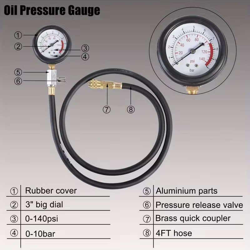 Professional Oil Pressure Gauge Tool for Engine Diagnostic Test with Hose Adapters