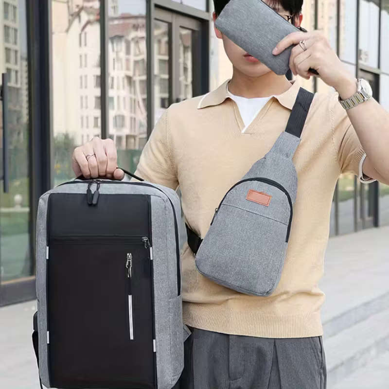 3Pcs Bag Set Laptop Backpack Chest Bag Zipper Handbag