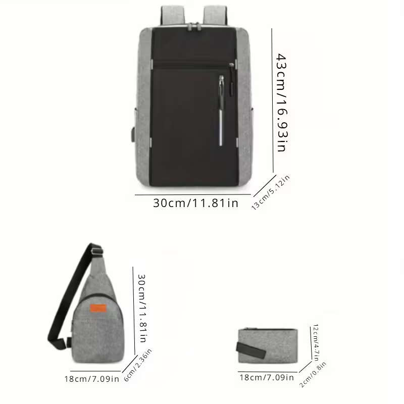 3Pcs Bag Set Laptop Backpack Chest Bag Zipper Handbag