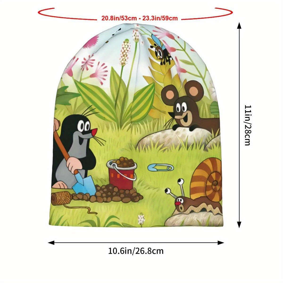 Biihudu Fashionable Knitted Polyester and Spandex Hat with Cute Mole and Bear Print Unisex Fu