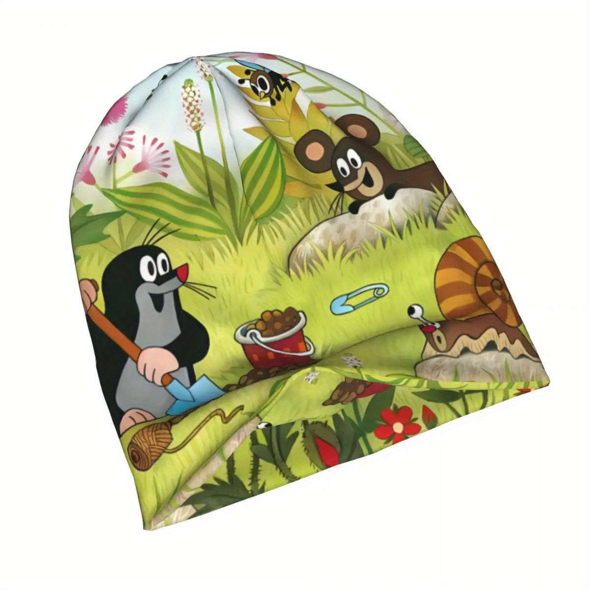 Biihudu Fashionable Knitted Polyester and Spandex Hat with Cute Mole and Bear Print Unisex Fu