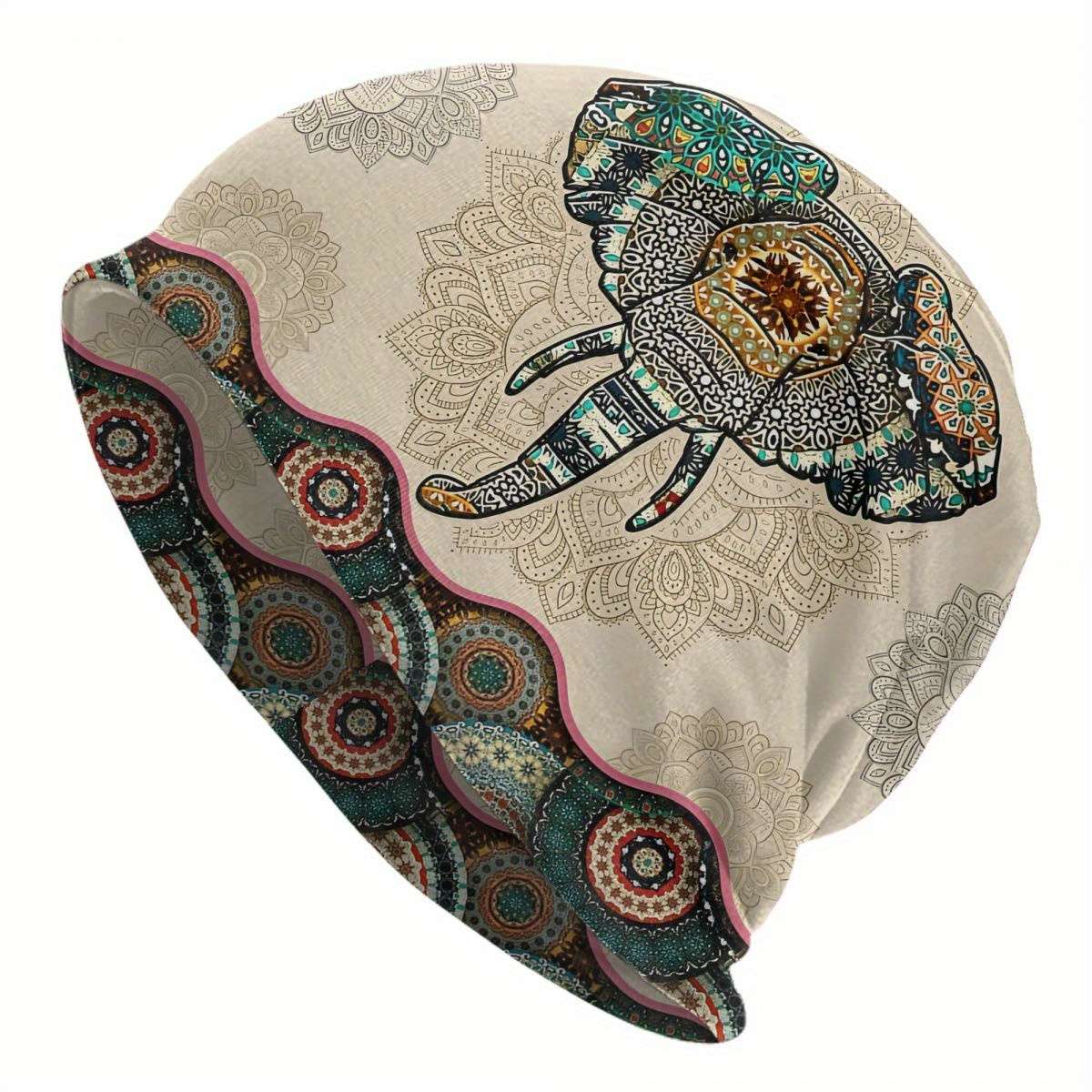 Vintage Elephant Print Knit Beanie Hat