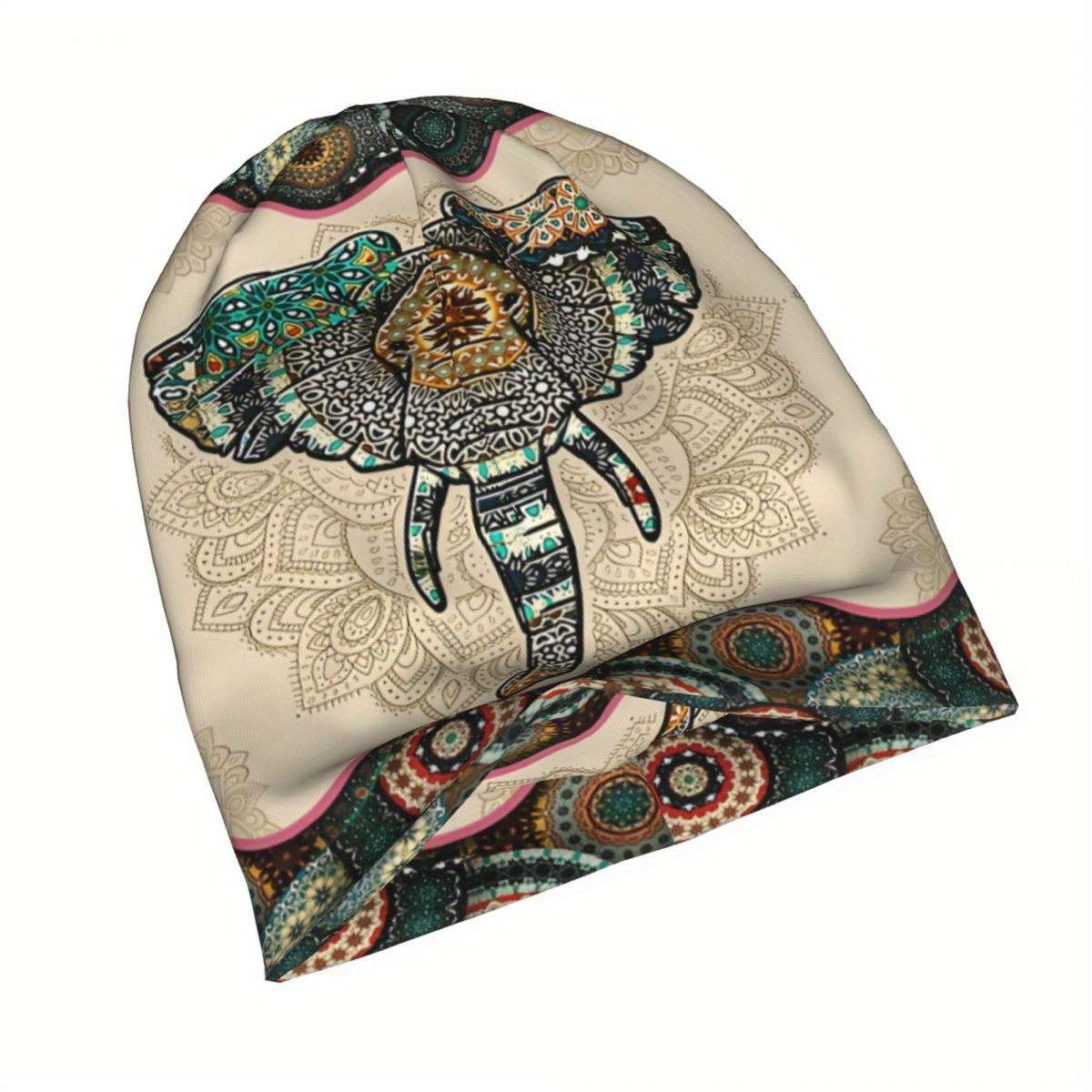 Vintage Elephant Print Knit Beanie Hat