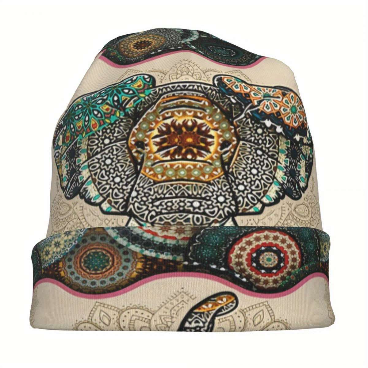 Vintage Elephant Print Knit Beanie Hat