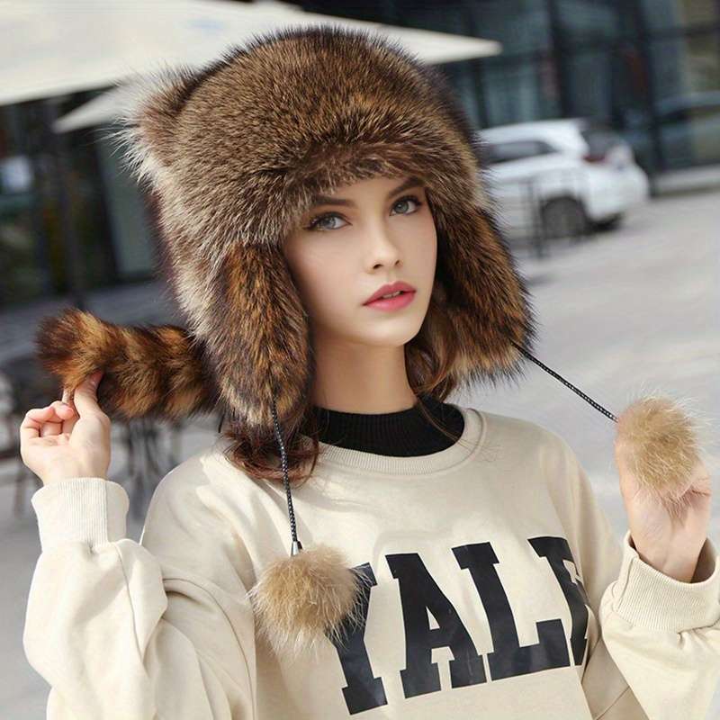 Thick Faux Fur Pilot Hat Warm Coldproof Trapper Hat With Ear Flap Ski Hat Cute With Tail Ha
