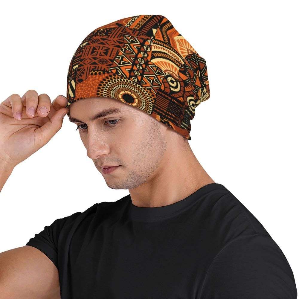 Men's Funky Knit Beanie Hat with African Ethnic Pattern Windproof Stretchy Polyester Blend
