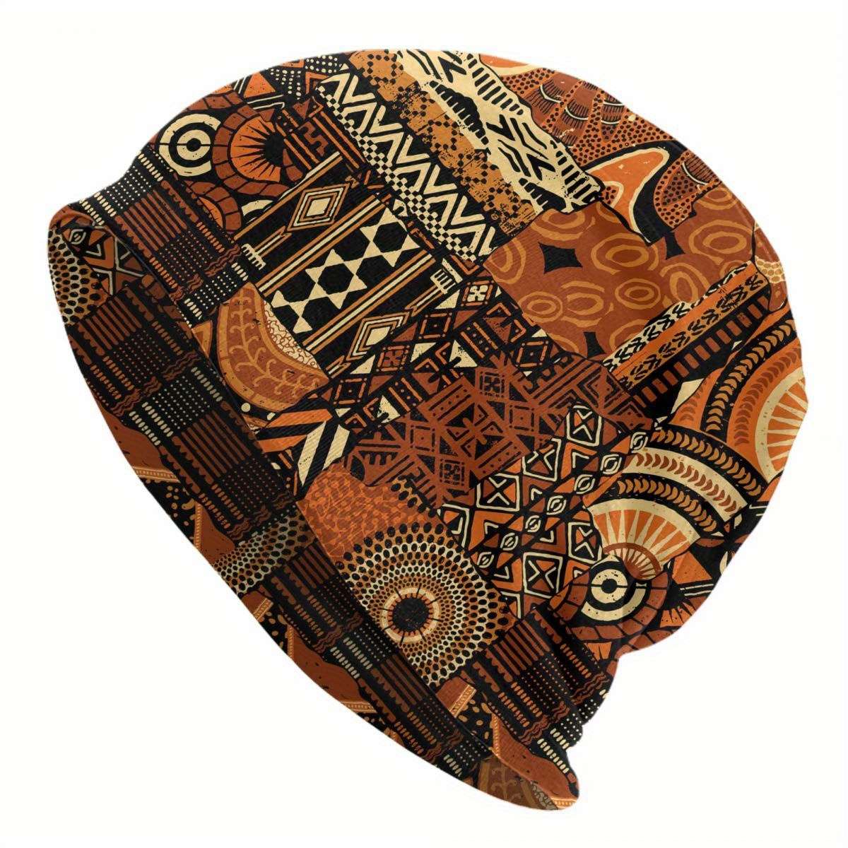 Men's Funky Knit Beanie Hat with African Ethnic Pattern Windproof Stretchy Polyester Blend