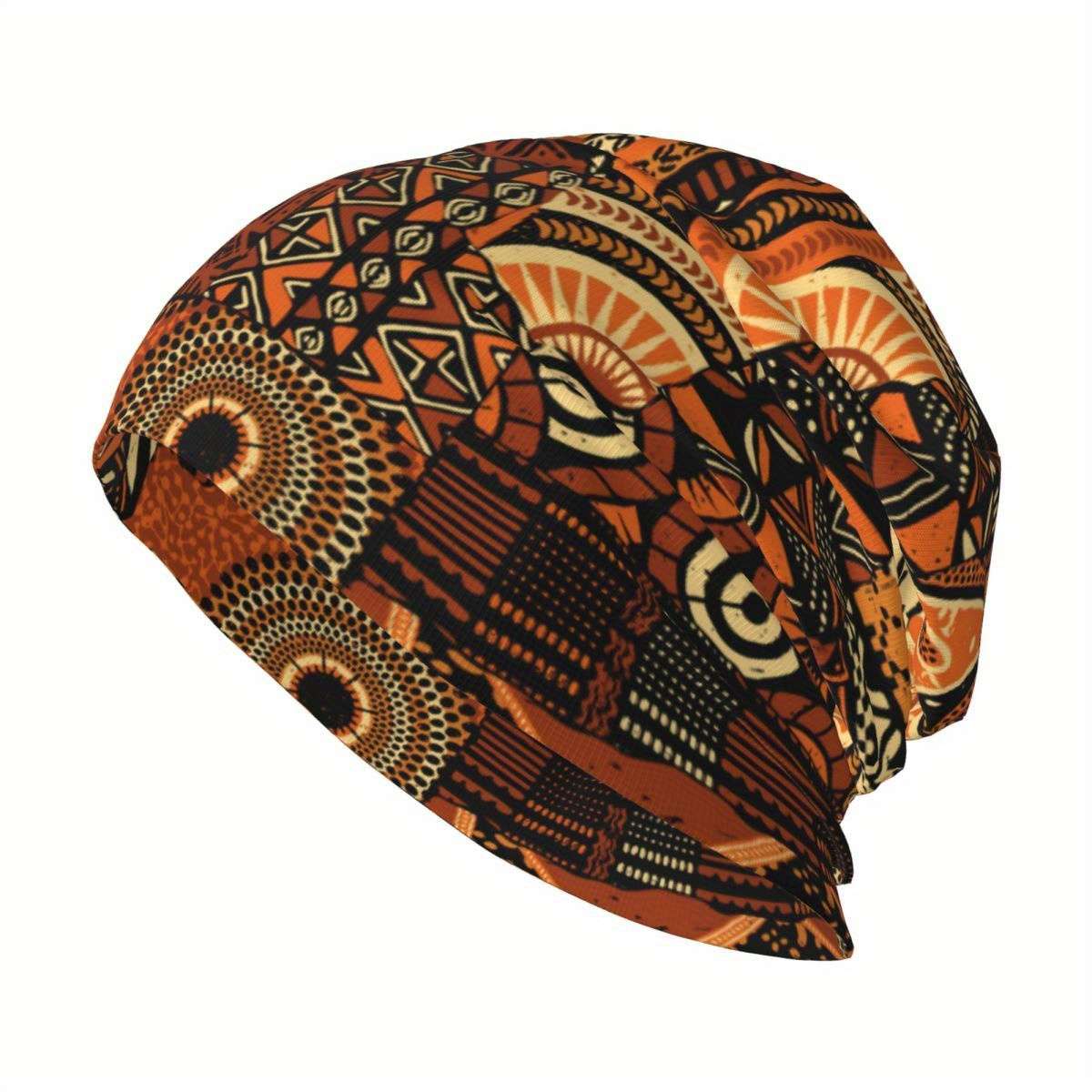 Men's Funky Knit Beanie Hat with African Ethnic Pattern Windproof Stretchy Polyester Blend
