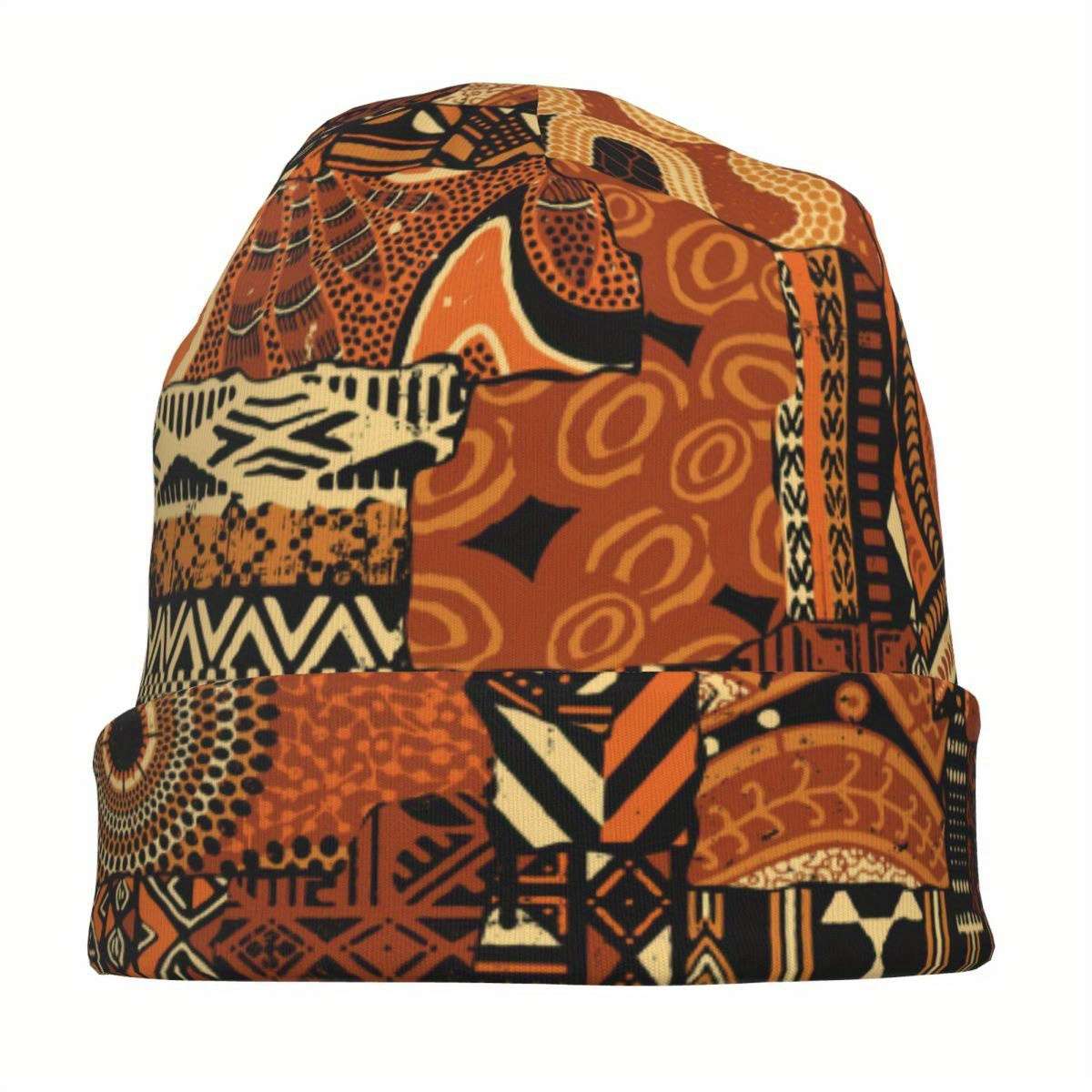 Men's Funky Knit Beanie Hat with African Ethnic Pattern Windproof Stretchy Polyester Blend