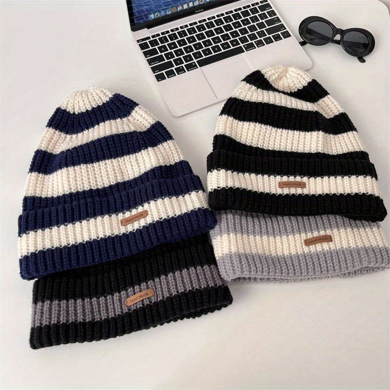 Cozy Striped Beanie Hat Soft Warm Lightweight Knit