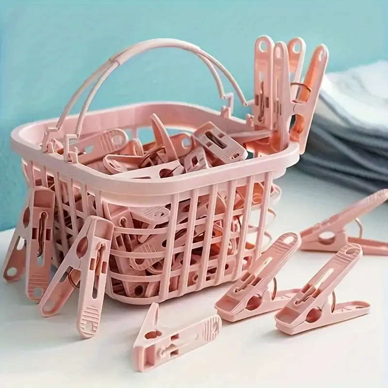 30Pack Windproof Plastic Clothespins with Storage Basket Laundry Drying Clips for Underwear Socks Be