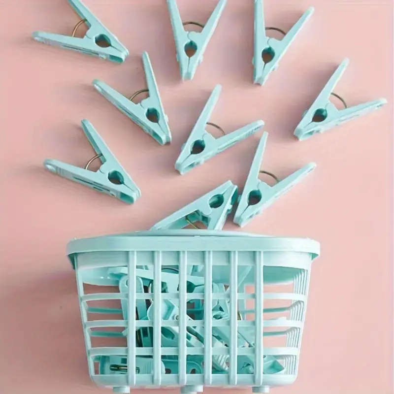 30Pack Windproof Plastic Clothespins with Storage Basket Laundry Drying Clips for Underwear Socks Be