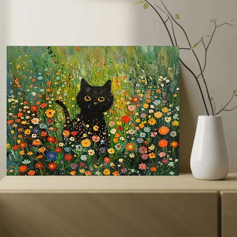 Charming Black Cat Floral Canvas Art Wall Decor 30x40cm