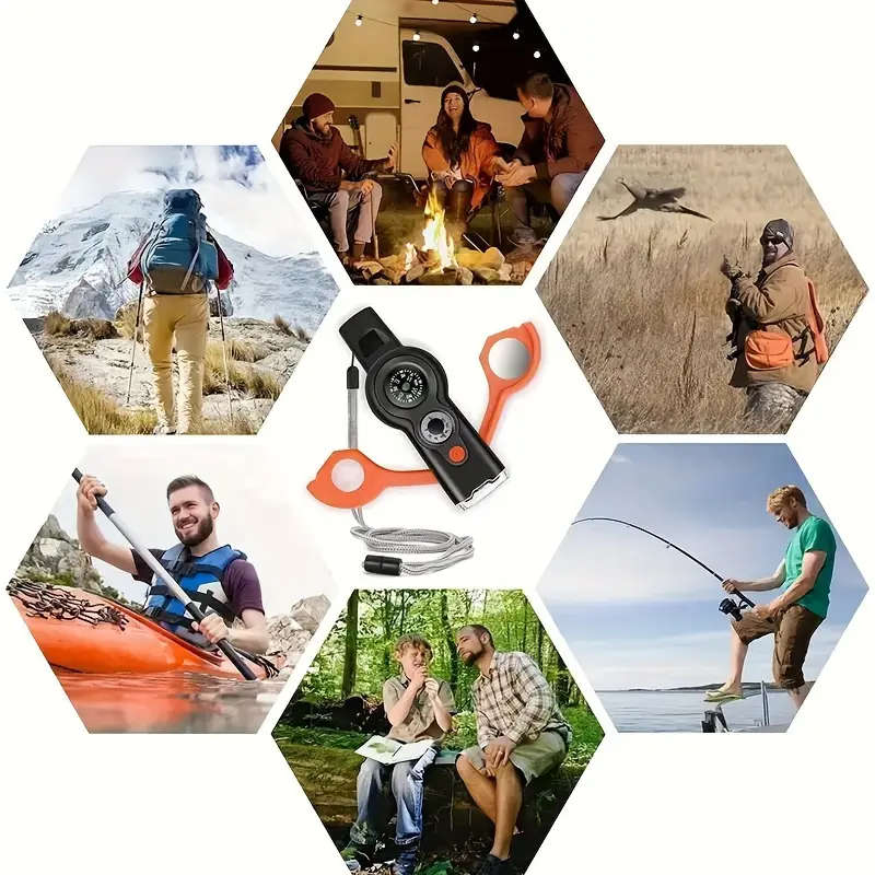 7-in-1 Survival Multi-Tool Whistle ABS Outdoor Safety Whistle with Compass Magnifying Glass Refle