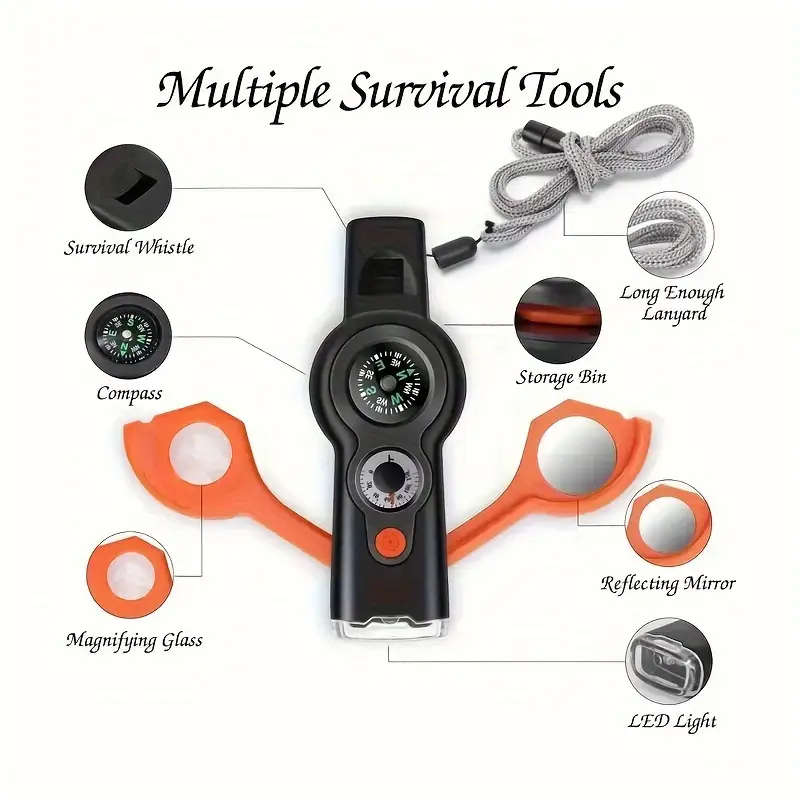 7-in-1 Survival Multi-Tool Whistle ABS Outdoor Safety Whistle with Compass Magnifying Glass Refle