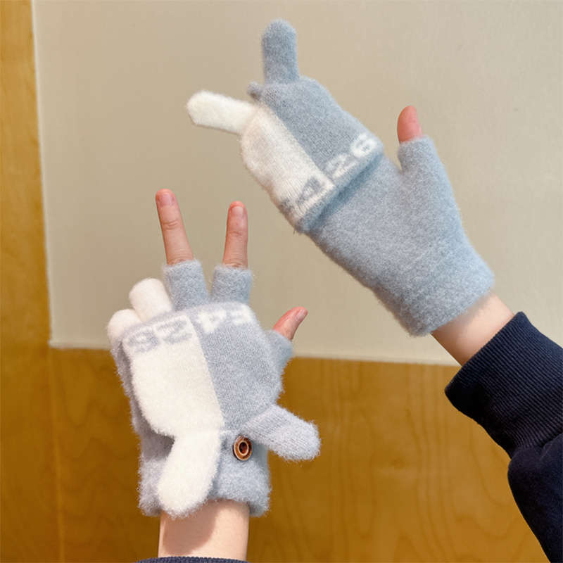 1 Pair Flip Letter Rabbit Ears Beige Warm Gloves