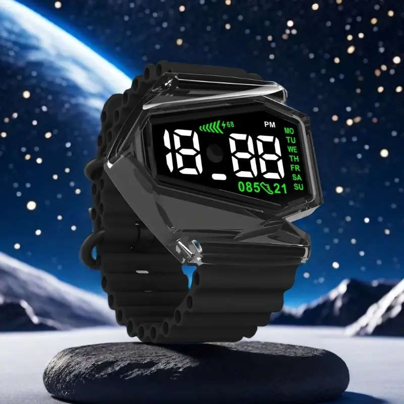 Men's & Women's Sports Digital Watch - Touchscreen Nightlight, Airplane Shaped with Black TPU Strap