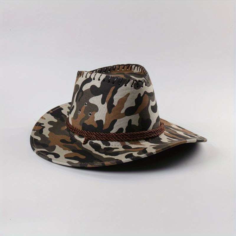 Men's Camouflage Denim Sun Hat Wide Brim UV Protection Adjustable Drawstring Breathable Cot