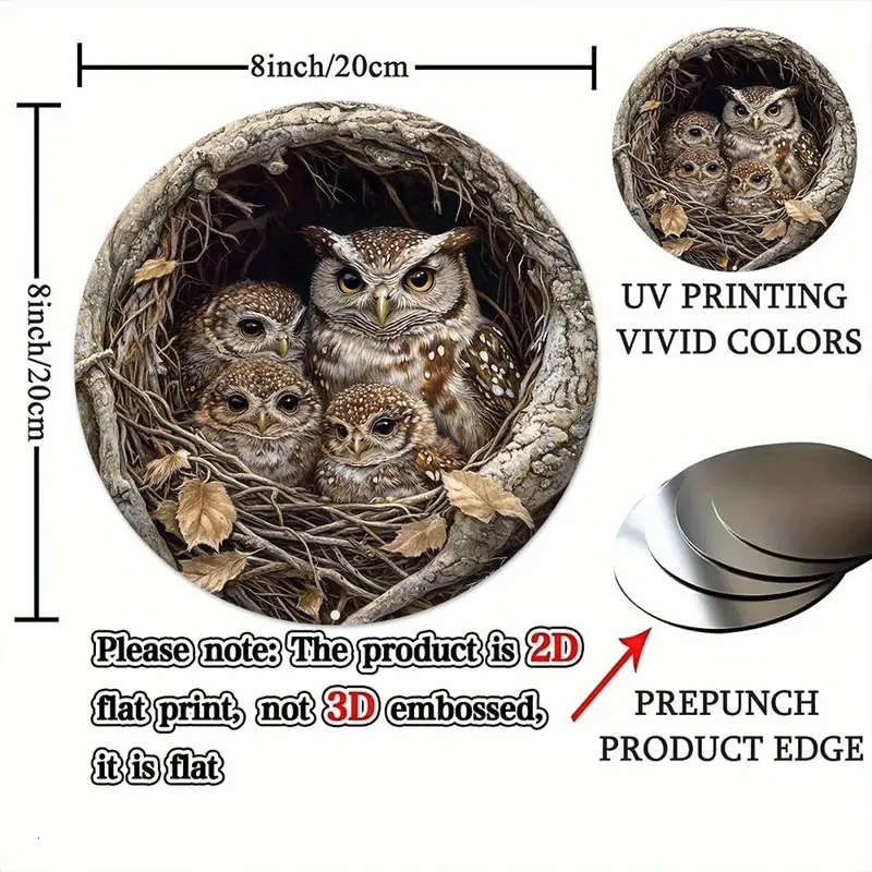 3D Owl Family Metal Sign 30Cm X 20Cm Pre-Drilled Aluminum Wall Art Contemporary Home Decor Perfe