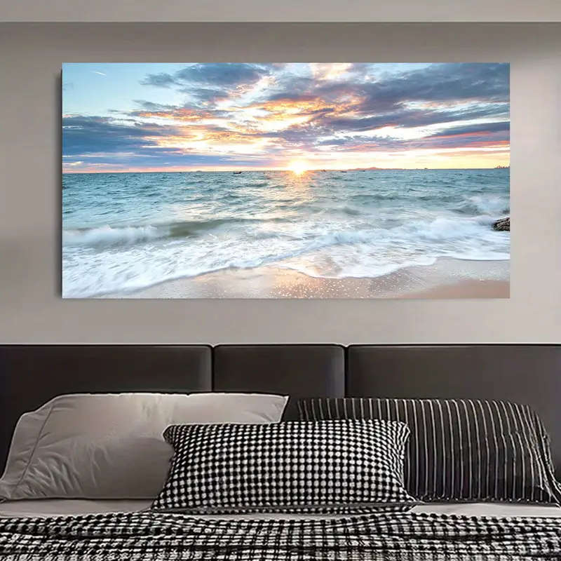 Coastal Beach Sunset Canvas Print Frameless Artwork Vibrant Natural Sea Scenery Modern Art Decor
