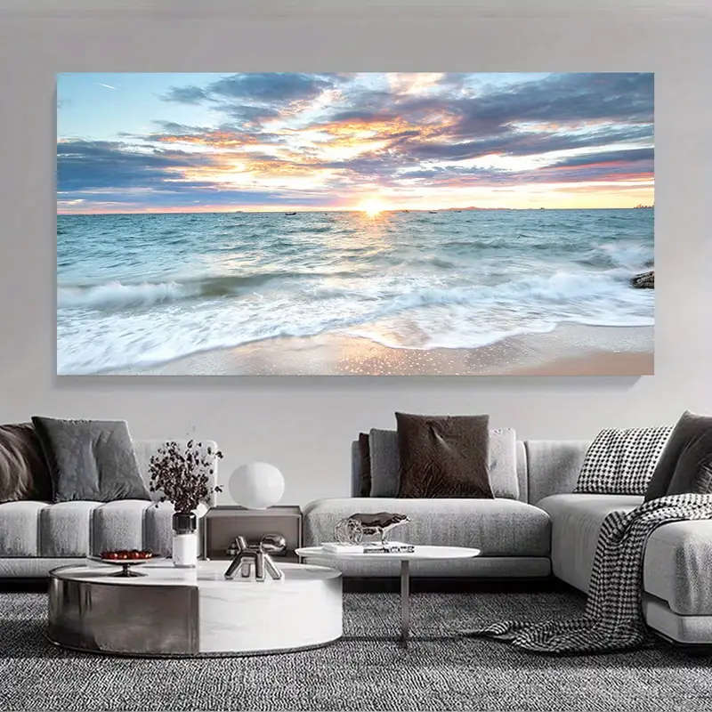 Coastal Beach Sunset Canvas Print Frameless Artwork Vibrant Natural Sea Scenery Modern Art Decor