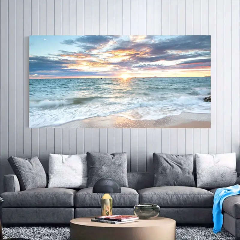 Coastal Beach Sunset Canvas Print Frameless Artwork Vibrant Natural Sea Scenery Modern Art Decor
