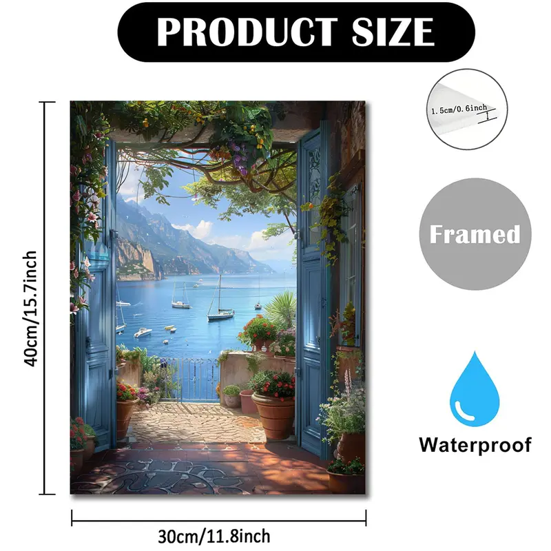 1pc Wooden Framed Canvas Painting 29.97x39.88 cm Seaside Doorway with Potted Flowers and Boats Nauti