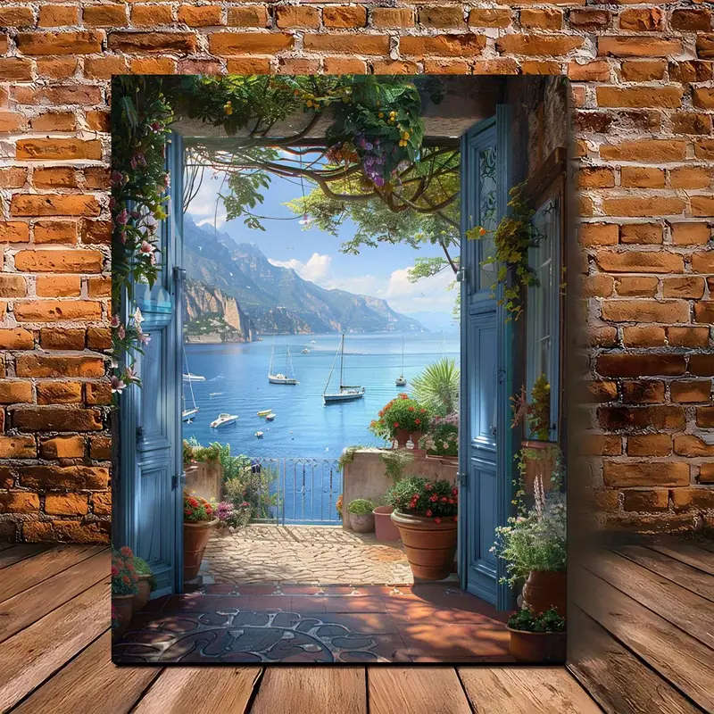 1pc Wooden Framed Canvas Painting 29.97x39.88 cm Seaside Doorway with Potted Flowers and Boats Nauti