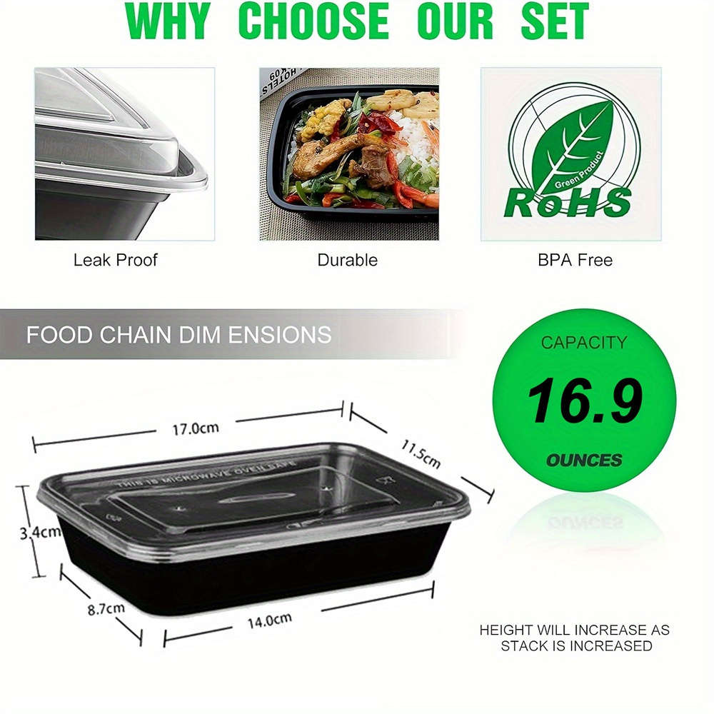 10pcs 16.9oz BPA-Free Plastic Meal Prep Containers Microwave Safe Reusable Stackable Refri