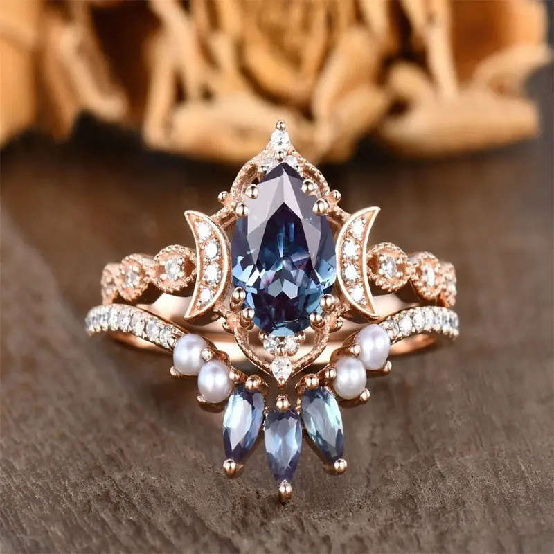 Elegant Blue Rose & Double Moon Ring