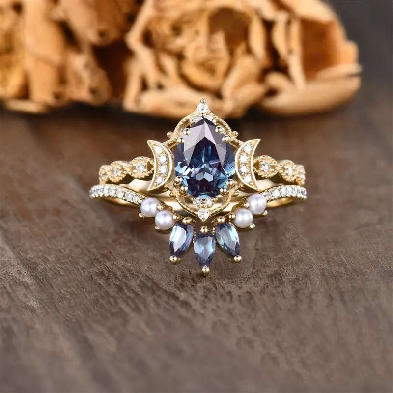 Elegant Blue Rose & Double Moon Ring