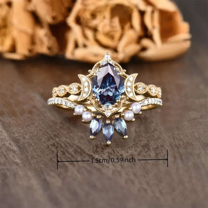 Elegant Blue Rose & Double Moon Ring