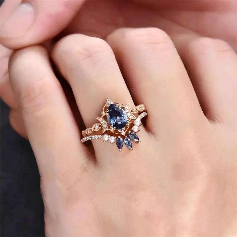 Elegant Blue Rose & Double Moon Ring