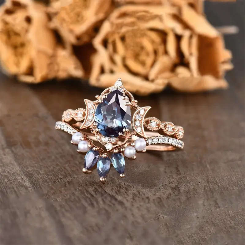 Elegant Blue Rose & Double Moon Ring