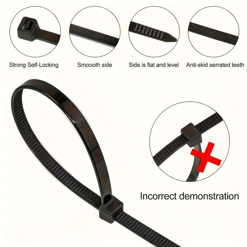 300pcs Durable Black Nylon Cable Ties - Adjustable Self-Locking Zip Ties