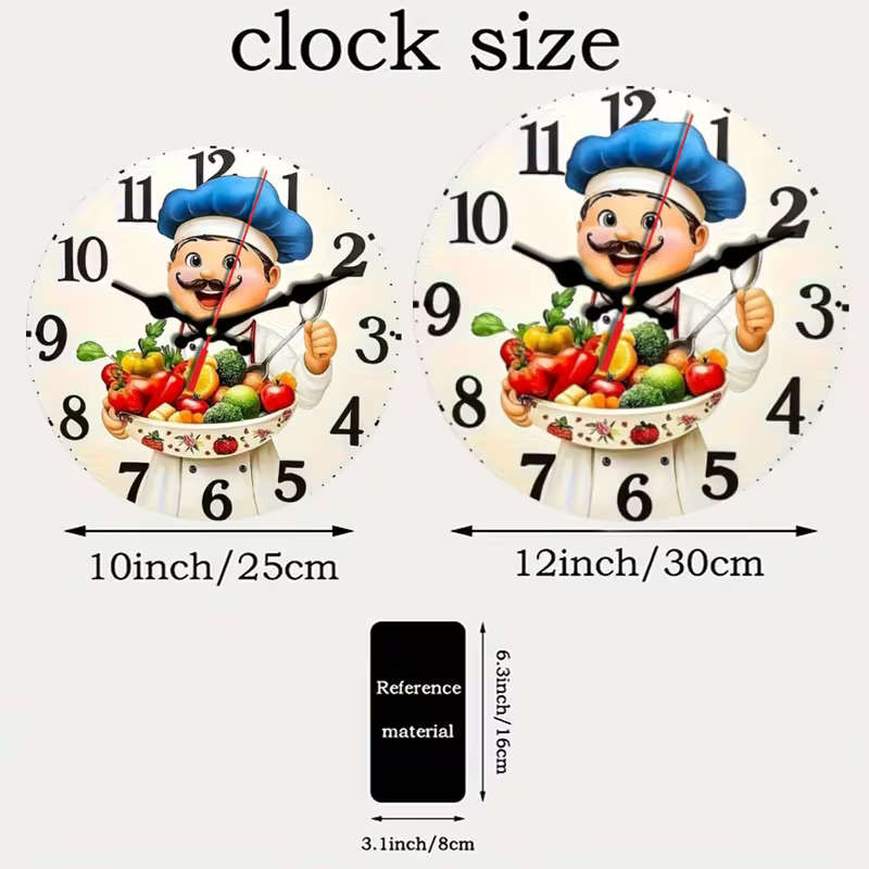2D Flat Retro Kitchen Wall Clock Cartoon Chef and Vegetable Pattern Size 25cm