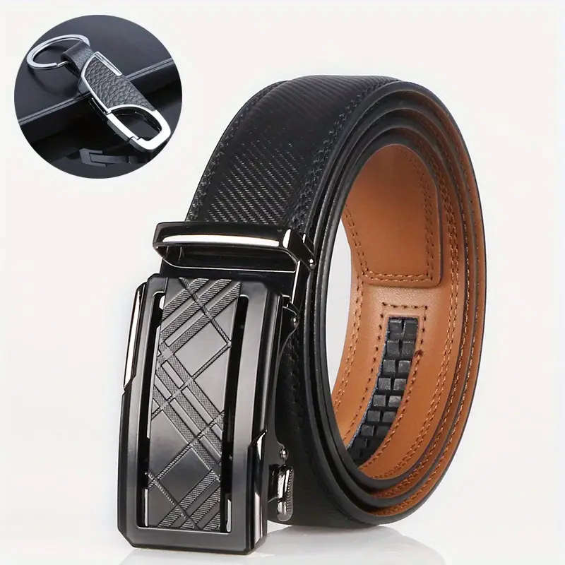 1-Piece Men's Genuine Leather Ratchet Belt Set Black 125cm
