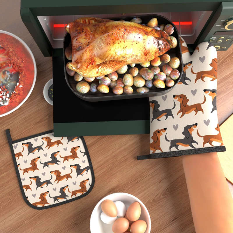 2pcs Dachshund Pattern Polyester Oven Mitts and Potholders Set Heat Resistant Kitchen Grilling