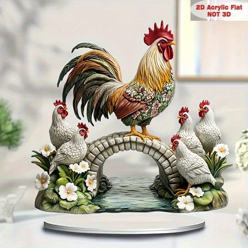 1pc 2D Flat   Bohemian Style Acrylic Rooster and Hen Decoration  Desktop Display with Fl