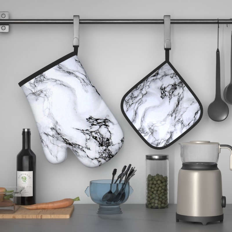 2pcs Marble Pattern Polyester Oven Mitts Heat Resistant Pot Holders Woven Machine Washable