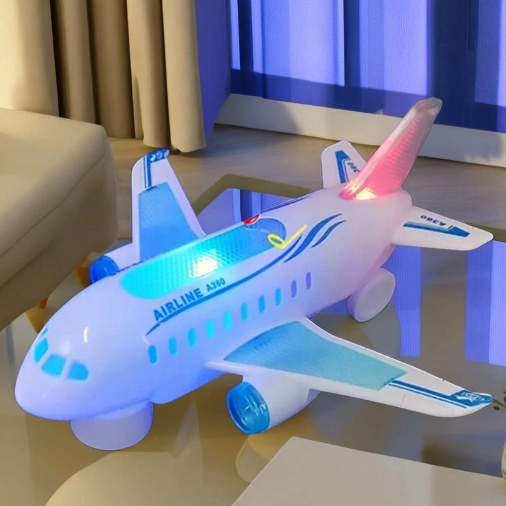 Kids Glowing Led Electric Airplane Toy Abs Material Music And Sound Effects Battery Powered Hori