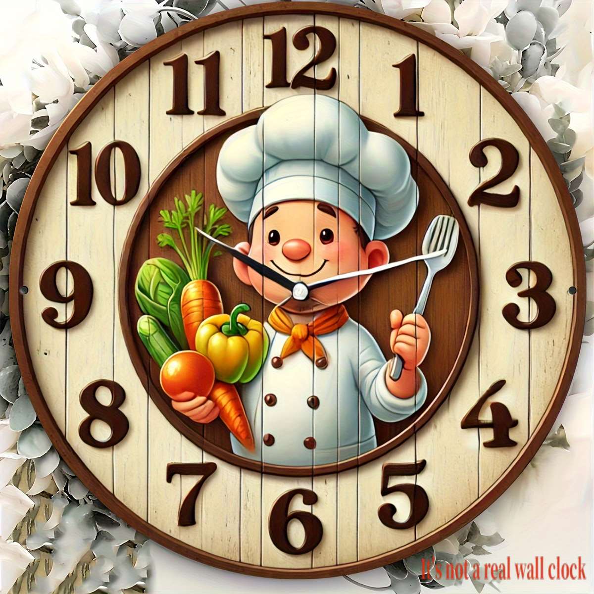 1pc 2D Flat 19.99cm Modern Chef-Themed Round Wall Clock Handcrafted Wooden Decor Not real clock