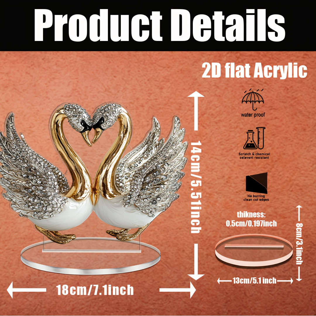 2D Flat  Acrylic Swan Sculpture 18.03Cm X 14.0Cm Elegant White Golden-Toned