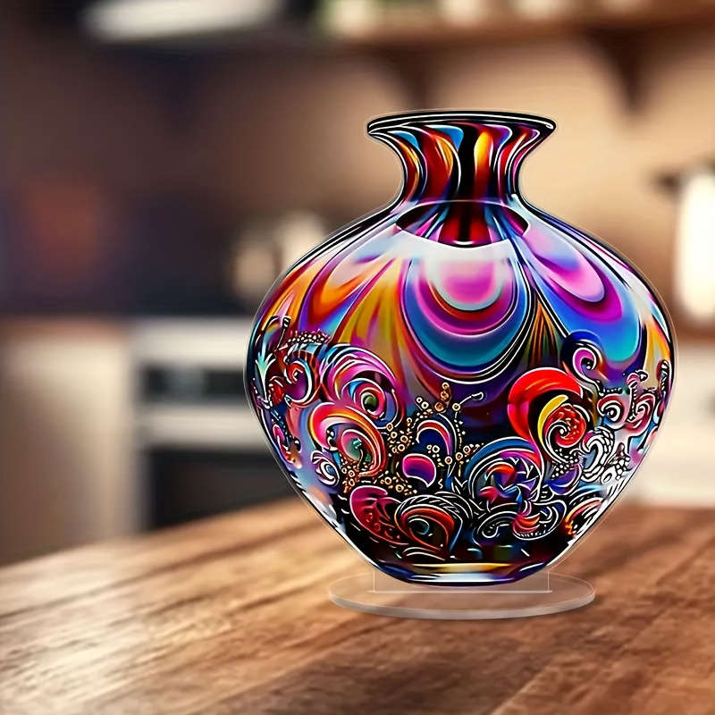2D Flat Acrylic Vase Vibrant Floral Swirl Design High-Quality Acrylic Desktop Decor