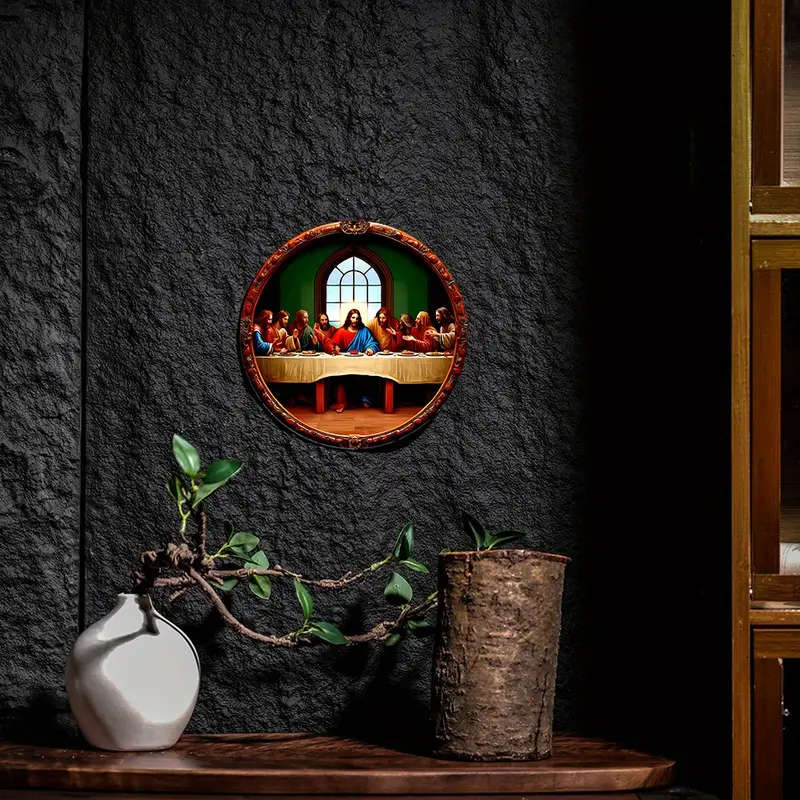 1pc Vintage Aluminum Last Supper Wall Art 19.81cm Round Sign with Stained Glass Design Waterproof Fa