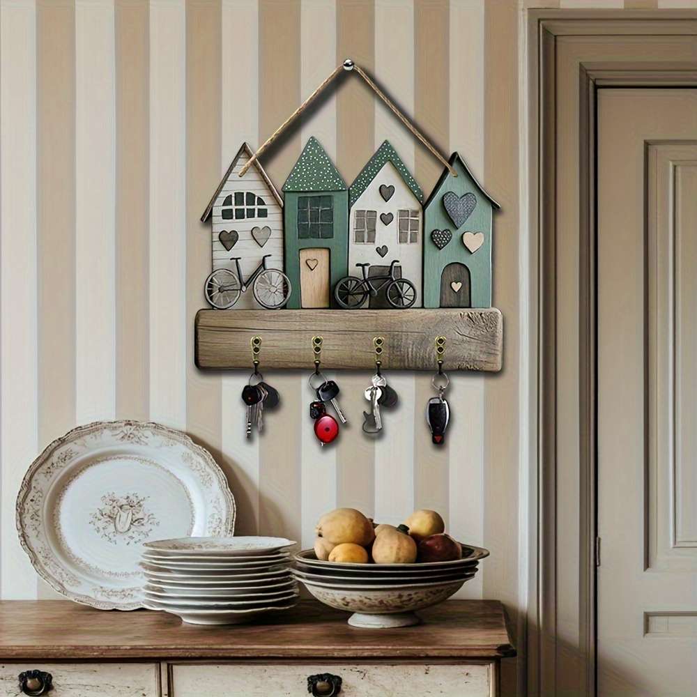 A Creative Small House And Bicycle Wall-Mounted Key Holder Featuring a Simple And Colorful Wooden K