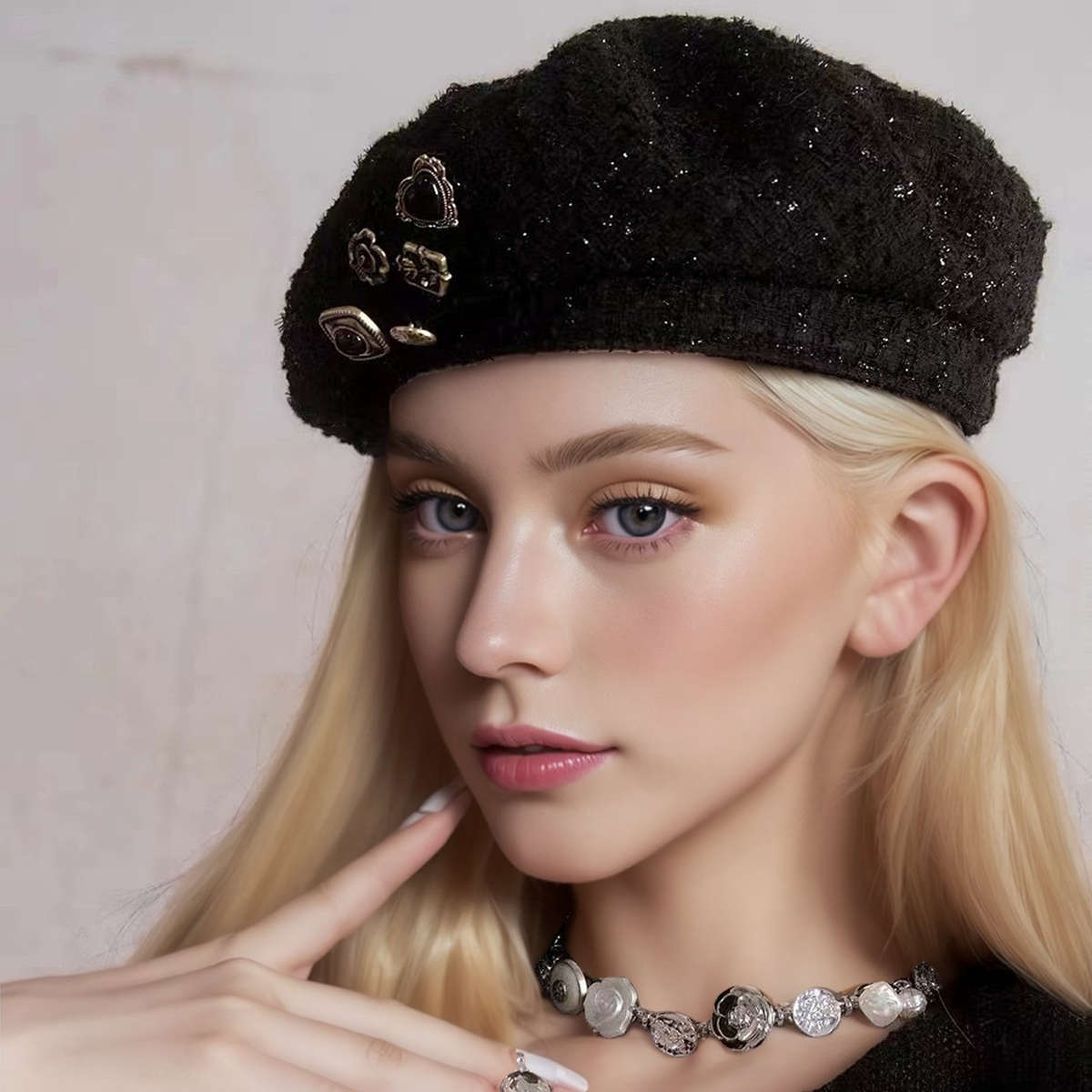 1pc Elegant Women'S Beret Hat with Decorative Badges Polyester Stripe Craftsmanship Packable I